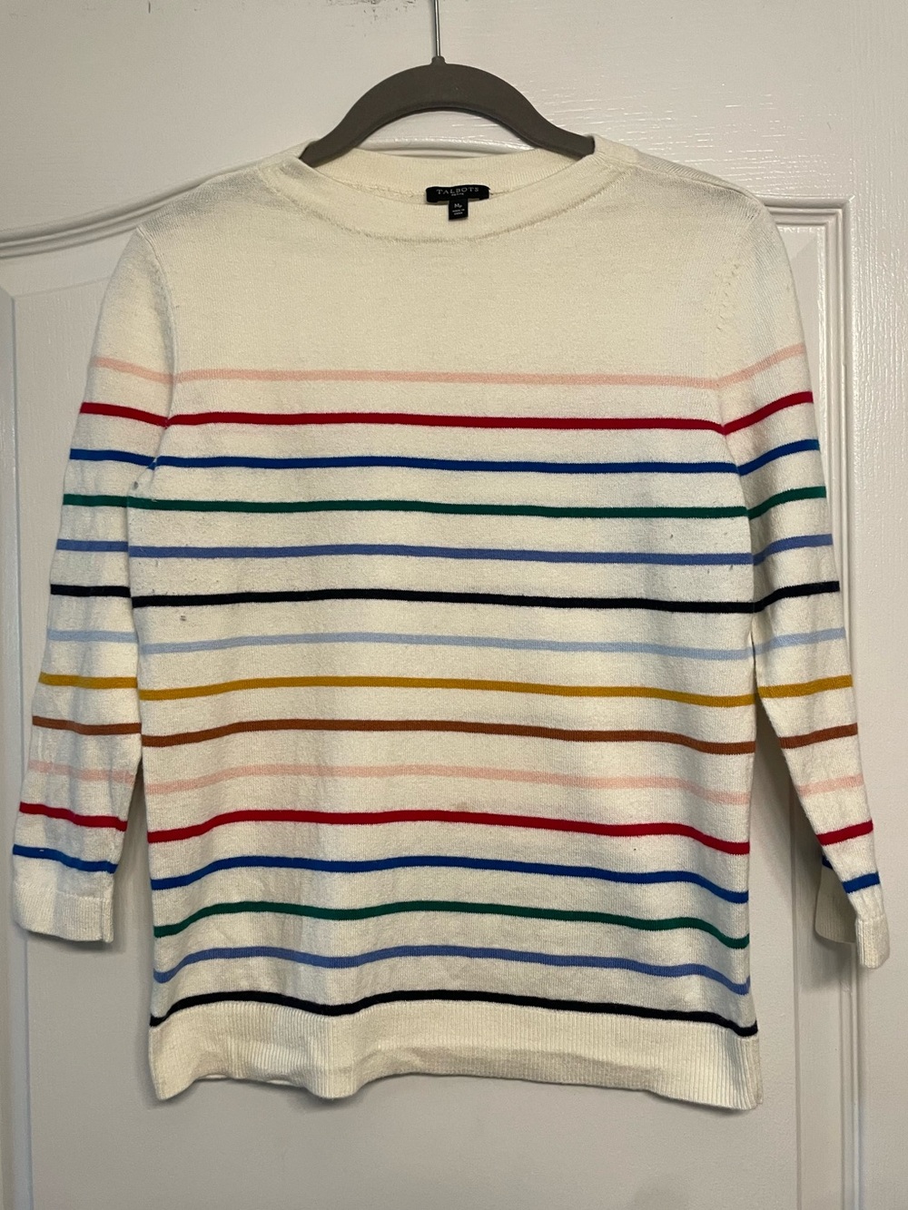 Talbots Petite MP Striped Sweater Cashmere Blend 3/4 Sleeve Ivory Multicolor